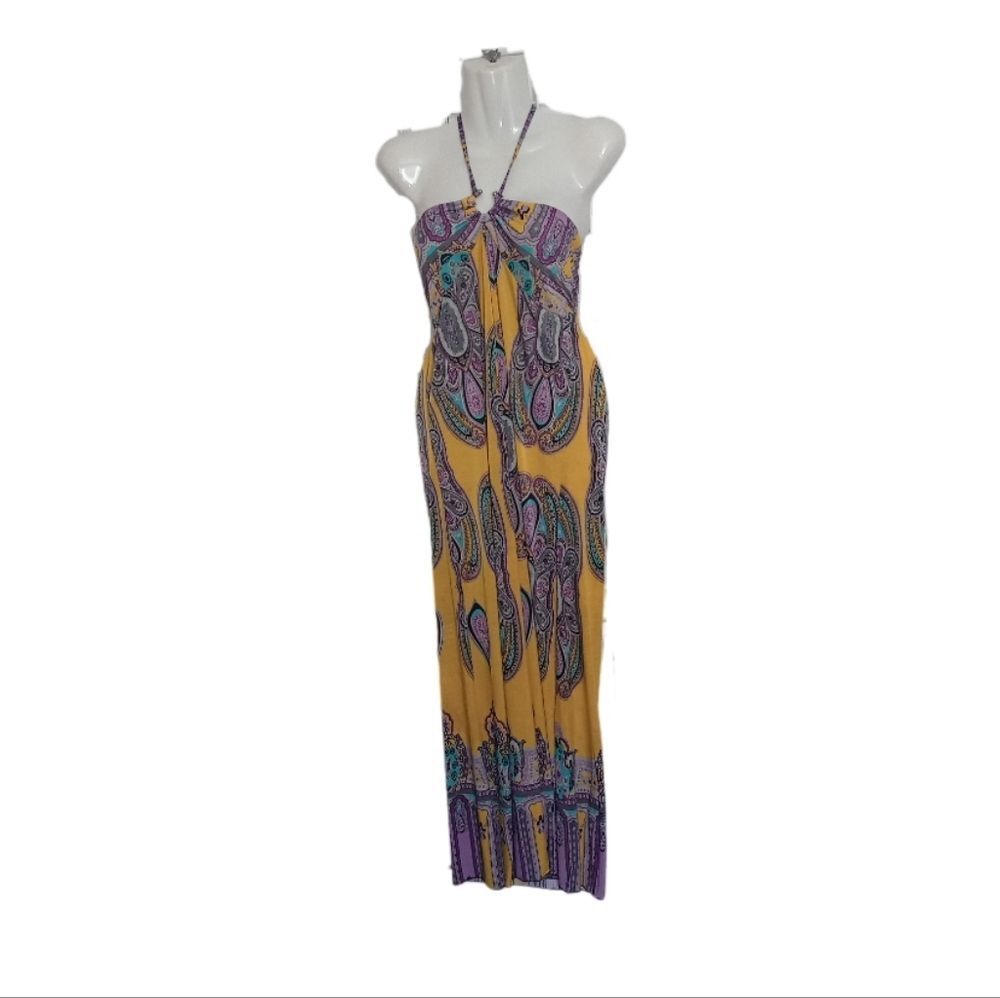 Yellow and Purple Paisley Strapless Maxi Dress